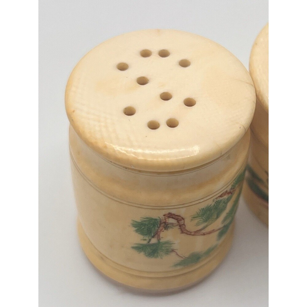 Rare 1930s Celluloid Salt & Pepper Shakers Handpainted Asian Crane Tree Motif - Picture 5 of 12